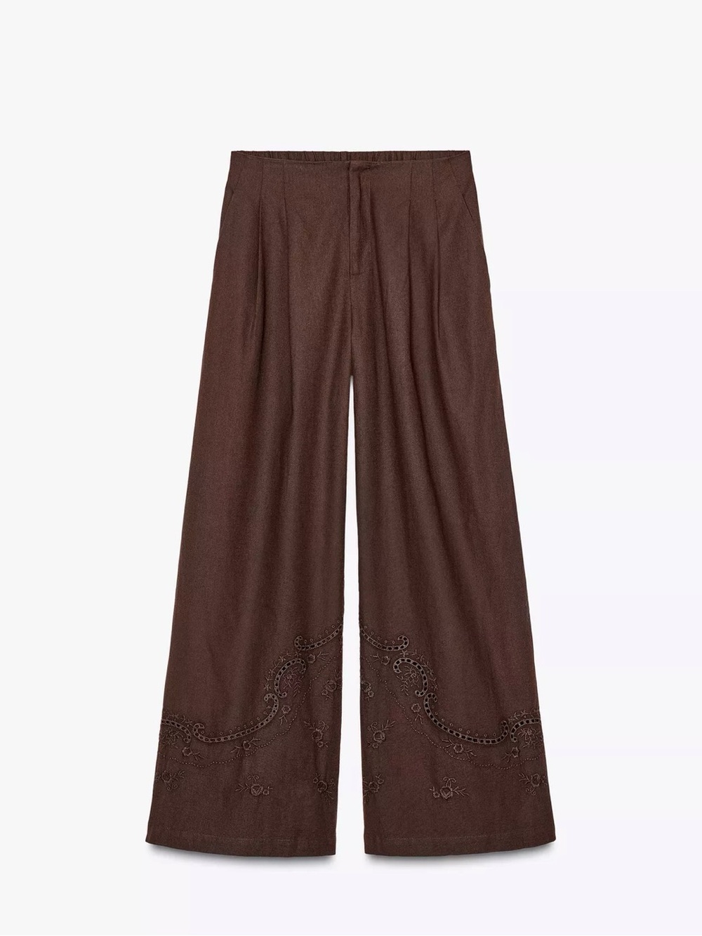 Zara Brown Wide-Leg Embroidered Hem Pants
